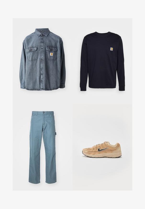 Camisa de denim en gris lavado, con cuello abotonado, dos bolsillos en el pecho y un pequeño parche con el logo en el bolsillo izquierdo.; Camiseta de manga larga azul marino de algodón, con un bolsillo en el pecho que incluye un parche con logo. Dobladillo recto y puños de canalé.; Pantalones cargo de algodón en azul claro con un diseño de pierna recta, dos bolsillos laterales y un lazo en la cintura para mayor utilidad.; Zapatilla deportiva beige con materiales de malla y ante, silueta curva, suela negra, prominente logo plateado de Nike en el lateral y acentos texturizados.