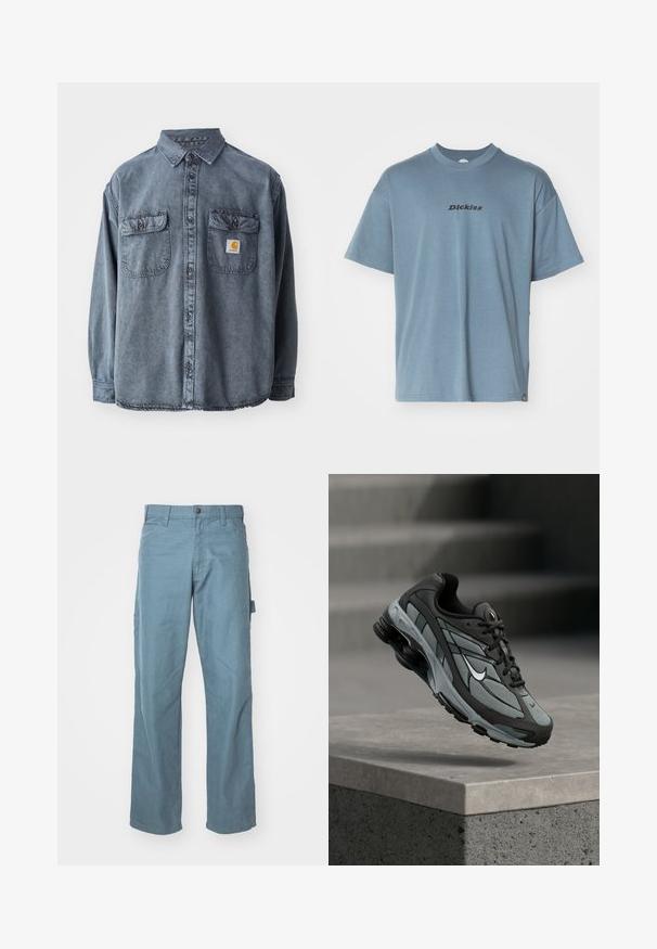 Camisa de denim en gris lavado, con cuello abotonado, dos bolsillos en el pecho y un pequeño parche con el logo en el bolsillo izquierdo.; Camiseta de algodón de color azul claro con mangas cortas, cuello redondo y logo negro de "Dickies" impreso en el frente. Textura suave y ajuste relajado.; Pantalones cargo de algodón en azul claro con un diseño de pierna recta, dos bolsillos laterales y un lazo en la cintura para mayor utilidad.; Zapatilla deportiva gris y negra con paneles de malla y suela gruesa, posicionada en el aire sobre un saliente de hormigón con escaleras de fondo.