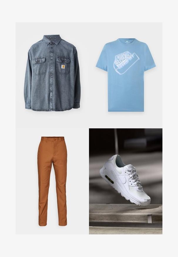 Camisa de denim en gris lavado, con cuello abotonado, dos bolsillos en el pecho y un pequeño parche con el logo en el bolsillo izquierdo.; Camiseta Nike de manga corta en azul claro con un gran logo estilizado de Nike en blanco y un gráfico de la marca swoosh en el pecho.; Pantalones de algodón marrón con un corte recto, presentan un cierre de botón y bolsillos laterales. Textura suave con un color uniforme en toda la prenda.; Zapatilla Nike Air Max 90 blanca con parte superior de malla y cuero, caja de puntera perforada y unidad de aire visible en el talón.