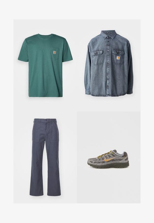 Camisa de denim en gris lavado, con cuello abotonado, dos bolsillos en el pecho y un pequeño parche con el logo en el bolsillo izquierdo.; Camiseta de algodón turquesa con manga corta, cuello redondo y un bolsillo en el pecho izquierdo que presenta un parche de logo cuadrado.; Pantalones de pierna ancha en gris oscuro, fabricados en algodón. Con dos bolsillos delanteros y cierre de botón. Textura suave con un diseño casual.; Zapatilla de ante gris con acentos dorados, paneles texturizados y cordones a juego. Cuenta con una suela acolchada y un detalle de logotipo en el lateral.