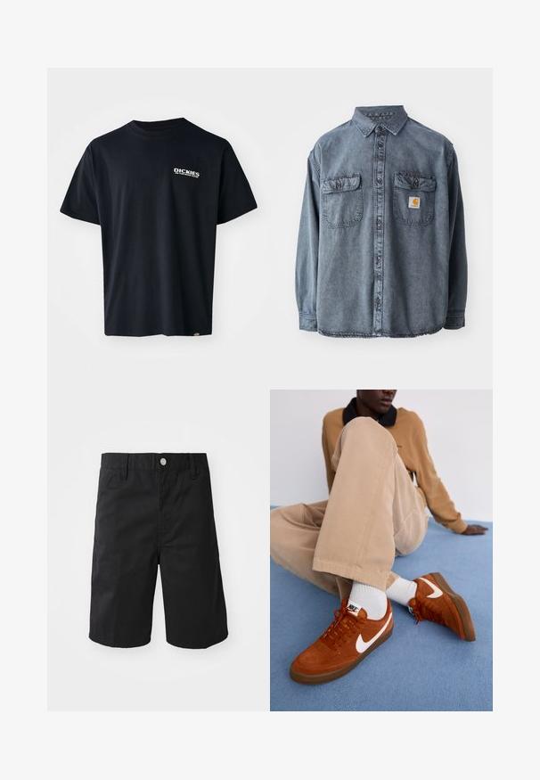 Camisa de denim en gris lavado, con cuello abotonado, dos bolsillos en el pecho y un pequeño parche con el logo en el bolsillo izquierdo.; Camiseta negra de manga corta hecha de algodón, con un logo gráfico de texto blanco en el lado izquierdo del pecho, corte recto y una etiqueta en el lateral.; Pantalones cortos de algodón negros con corte recto, presillas para cinturón, cierre de botón metálico y sin patrones ni acentos visibles.; Zapatillas de ante marrón con el logo de Nike en blanco y suelas de goma, combinadas con pantalones beige claros y calcetines cortos blancos sobre una superficie azul.