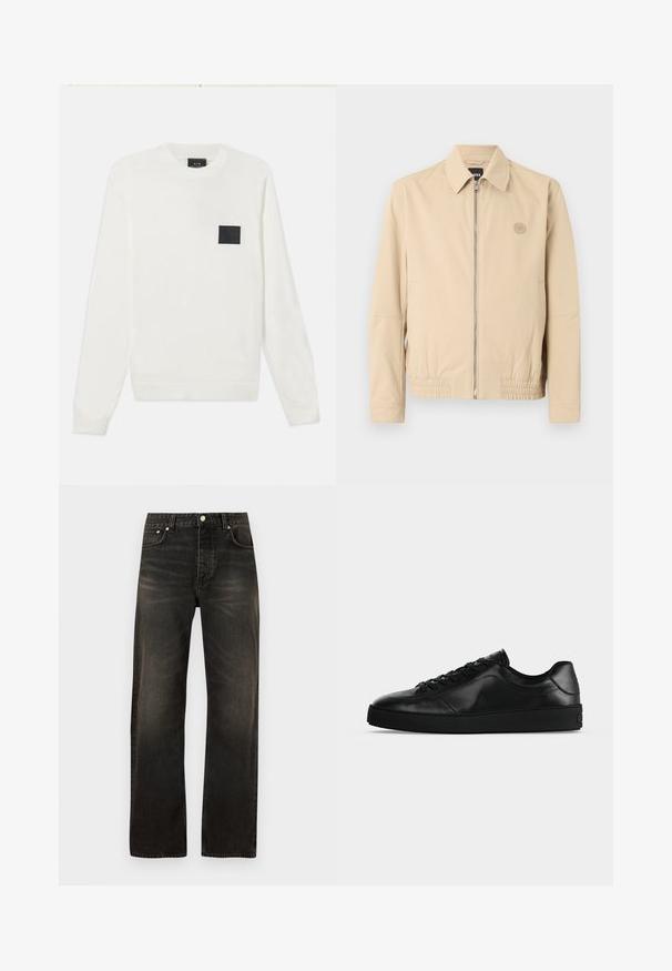 Chaqueta beige con cremallera, cuello, mangas largas, dobladillo elástico, bolsillos laterales y un pequeño logo redondo en el pecho izquierdo.; Suéter blanco de punto con mangas largas, cuello redondo y un parche cuadrado negro en el pecho. Textura suave y puños y dobladillo acanalados.; Vaqueros en denim negro de pierna recta con lavado desteñido, cierre frontal con botón y cremallera, y diseño de cinco bolsillos.; Zapatilla de cuero negra de perfil bajo con cordones en la parte delantera y suela plana texturizada, mostrada de lado sobre un fondo neutro.