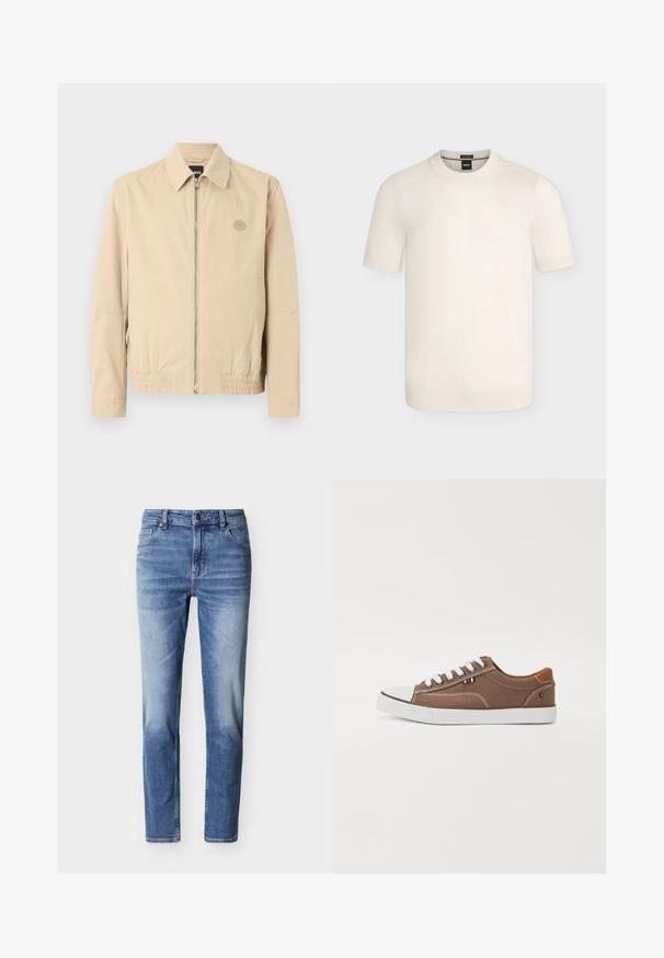 Veste beige à fermeture éclair avec col, manches longues, ourlet élastique, poches latérales, et petit logo rond sur la poitrine gauche.; Pull en maille crème à manches courtes avec col rond et poignets et ourlet côtelés sur un fond uni.; Jean en denim bleu clair avec une coupe droite, des détails délavés, cinq poches, une fermeture à bouton en métal et des passants pour ceinture.; Baskets en toile brunes avec lacets blancs, embout en caoutchouc et accents contrastants beige sur le talon, présentant un petit emblème tricolore.