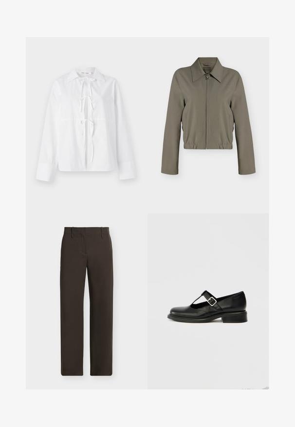 Veste zippée vert olive clair avec manches longues, col large, ourlet élastique et poches latérales, présentée sur un fond blanc uni.; Chemise blanche à manches longues en tissu lisse, dotée d'un col à bouton, d'une fermeture à nœud à l'avant et de manches à revers. Design simple et épuré.; Pantalon droit marron foncé avec passants pour ceinture et poches avant, présenté à plat sur un fond clair.; Chaussure Mary Jane en cuir noir avec un bout rond, un design à bride en T, une boucle réglable et un petit talon empilé. Texture lisse avec peu de détails.