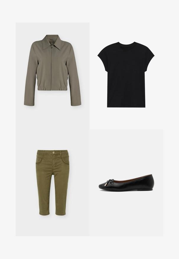 Veste zippée vert olive clair avec manches longues, col large, ourlet élastique et poches latérales, présentée sur un fond blanc uni.; T-shirt en coton noir avec un col rond, des manches courtes et une coupe décontractée. Texture lisse sans motifs ni embellissements visibles.; Pantalon court vert olive avec poches avant, passants pour ceinture, fermeture à boutons et détails cousus sur les poches.; Ballerine plate en cuir noir avec un bout arrondi, un petit nœud aux extrémités dorées et un talon plat et bas sur fond gris.