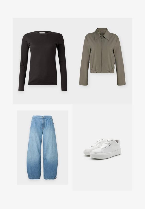 Licht olijfgroene jas met ritssluiting, lange mouwen, brede kraag, elastische zoom en zijzakken, weergegeven op een effen witte achtergrond.; Zwarte langmouw rib T-shirt met een ronde halslijn, gemaakt van zachte stof, met een basisontwerp zonder versieringen of patronen.; Lichtblauwe denim jeans met wijde pijpen, voorzakken, knoopsluiting en verstelbare koordjes onderaan.; Witte lage sneakers van glad canvas met een ronde neus en een dikke rubberen zool. Voorzien van een vetersluiting aan de voorkant en een minimalistisch ontwerp.