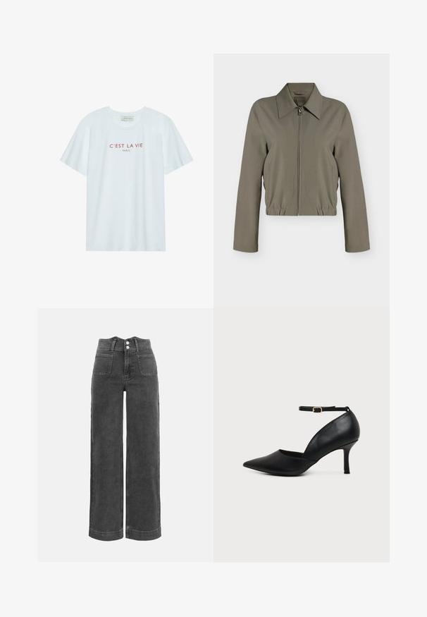 Licht olijfgroene jas met ritssluiting, lange mouwen, brede kraag, elastische zoom en zijzakken, weergegeven op een effen witte achtergrond.; Witte katoenen T-shirt met ronde hals en korte mouwen. Kenmerkt zich door rode opdruk "C'EST LA VIE PARIS" over de borst. Eenvoudig ontwerp.; Donkergrijze denim broek met hoge taille en brede pijpen, voorzien van voorpatchzakken en dubbele knoopsluiting.; Zwarte leren pumps met een spits toelopende neus, kitten heel, enkelbandje en gouden gesp op een neutrale achtergrond.