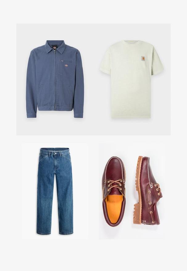 Blaue Zip-up-Jacke mit Kragen, zwei vorderen Taschen für die Hände und einer mit Reißverschluss versehenen Brusttasche mit Logo-Patch.; Hellgrünes Baumwoll-T-Shirt mit kurzen Ärmeln, rundem Halsausschnitt und einem kleinen quadratischen Patch mit Logo auf der linken Brustseite. Weiche Textur.; Blaue Jeans mit geradem Bein, Vordertaschen, Gürtelschlaufen, Metallknopf und Reißverschluss auf weißem Hintergrund.; Bordeauxfarbene Lederschuhe mit braunen Gummisohlen, runder Zehenform, weißen Nähten und goldenen Ösen. Das Innenfutter weist eine gelbe Beschichtung auf.