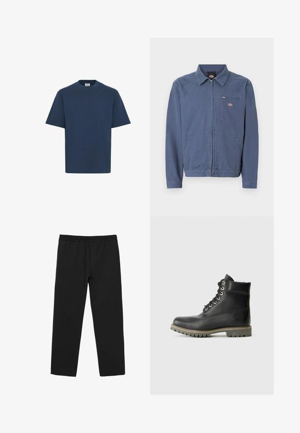 Blauwe jas met rits, kraag, twee steekzakken aan de voorkant en één borstzak met rits voorzien van een logo.; Marineblauwe katoenen t-shirt met een ronde hals, korte mouwen en een rechte zoom. Beschikt over een klein merkje aan de onderkant aan de linkerzijde.; Zwarte rechtstreekse sweatpants met elastische tailleband en trekkoord, ontworpen voor casual gebruik.; Zwarte leren enkelboot met vetersluiting, gewatteerde kraag en een gestructureerd paneel. Beschikt over een robuuste zool en een gebosseleerd logo aan de zijkant.