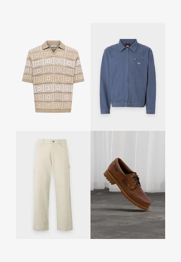 Veste bleu à fermeture éclair avec col, deux poches frontales pour les mains, et une poche poitrine zippée ornée d'un patch logo.; Polo en maille beige à manches courtes avec motifs géométriques carrés et losanges en beige et blanc, col et poignets côtelés.; Pantalon droit à rayures verticales beige et blanches, avec fermeture à boutons, passants de ceinture et poches latérales, présenté sur un fond uni.; Chaussure de bateau en cuir marron avec des lacets noirs, des coutures beiges et une semelle robuste, suspendue au-dessus d'un sol en béton gris.