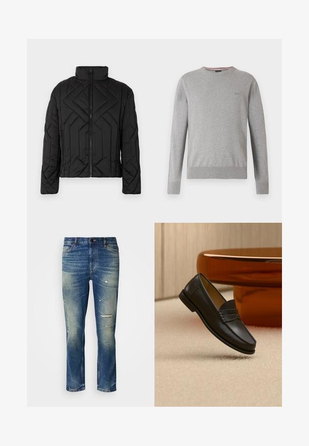 Schwarze gepolsterte Jacke mit hohem Kragen und diagonaler Steppung. Reißverschluss vorne, seitliche Taschen und minimalistische Beschläge.; Grauer Pullover mit Rundhalsausschnitt, langen Ärmeln, gerippten Bündchen und Saum, mit einem dezenten Logo auf der Brust und gestreiften Akzenten am Halsausschnitt.; Hellblaue Jeans aus Denim mit lässiger Passform, die abgenutzte Details, verblasste Stellen und einen klassischen Knopf- und Reißverschluss aufweisen.; Schwarzer Leder-Loafer, der über einem hellbeigen Teppich schwebt, mit bernsteinfarbenen modernen Möbeln im Hintergrund.