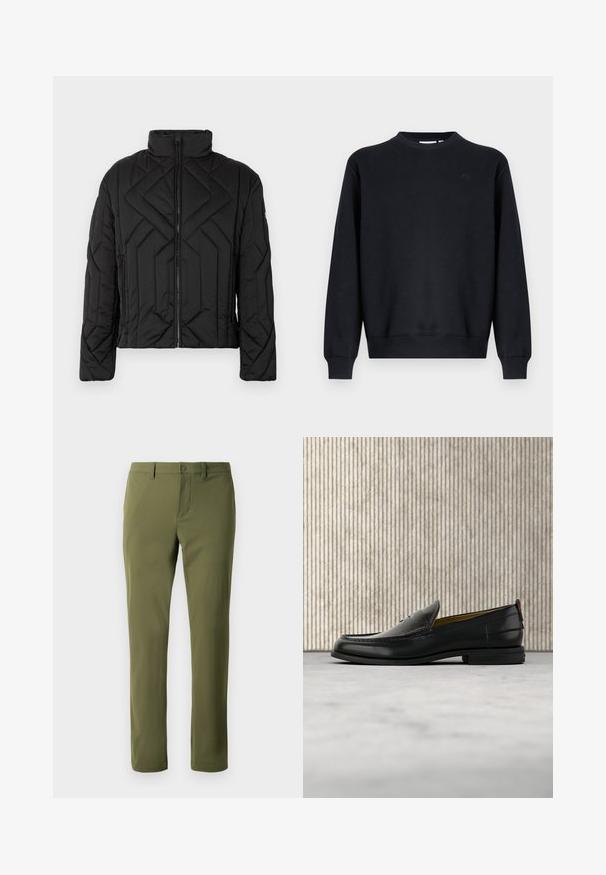 Sort polstret jakke med høj krave og diagonal quiltet mønster. Lynlås foran, med sidelommer og minimal hardware.; Sort sweatshirt lavet af bomuldsblend. Rund halsudskæring, lange ærmer, ribstrikkede manchetter og kant. Diskret logo på brystet.; Olivengrønne bukser lavet af glat stof med lige snit, har en knappelukning og bæltestropper. Ingen synlige mønstre eller accenter.; Sort læder herreloafer med krokodillepræget forstykke og lav hæl, vist i profil på en neutral baggrund.