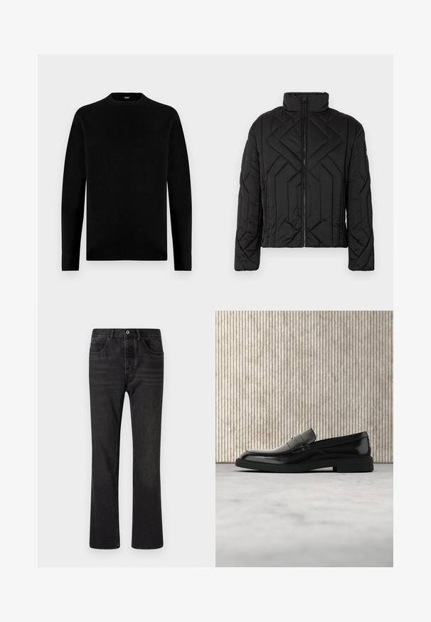 Chaqueta acolchada negra con cuello alto y patrón de acolchado diagonal. Cierre de cremallera en la parte delantera, con bolsillos laterales y hardware minimalista.; Sudadera negra de manga larga con cuello redondo, de diseño sencillo y sólido, con una pequeña etiqueta de la marca en el interior del cuello.; Vaqueros de denim negro con un diseño de pierna recta, cinco bolsillos y cierre frontal de botón. Superficie texturizada con detalles de desvanecimiento sutil.; Zapato loafer de cuero negro pulido flotando sobre una alfombra beige con muebles translúcidos naranjas de fondo.