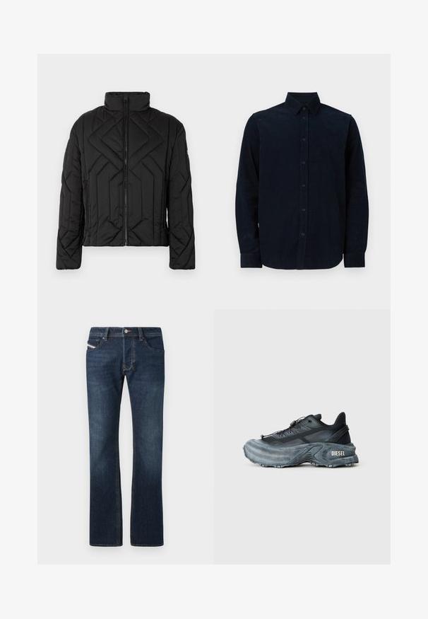 Must must jacket, mille kõrge krae ja diagonaalse tikandi mustriga. Ees lukuga kinnitamine, külgedel taskud ja minimaalsed riistvara detailid.; Tumedat sinise värviga pikad varrukad särk, mis on valmistatud teksuri taeva kangast, millel on nööpidega esiosa, terav krae ja nööpidega mansetid.; Tumed sinine denimist teksapüksid otsetegevuse lõikega, viie taskuga ja peente õmblusdetailidega. Omab metalset nupu- ja lukuääret.; Mustade ja hallid Diesel ketsid paksu tallaga, nööriga lukuga ja tekstuurse mustriga, tavalise heleda halli tausta ees.