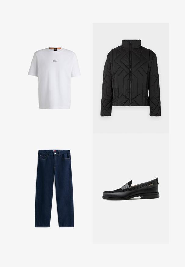 Schwarze gepolsterte Jacke mit hohem Kragen und diagonaler Steppung. Reißverschluss vorne, seitliche Taschen und minimalistische Beschläge.; Weißes Baumwoll-T-Shirt mit kurzen Ärmeln, ausgestattet mit einem schwarzen "BOSS"-Logo, das mittig auf der Brust platziert ist, und einem runden Halsausschnitt.; Dunkelblaue Jeans mit geradem Bein, fünf Taschen und Knopfverschluss, mit dezentem Branding auf der kleinen Fronttasche und am Bund.; Schwarzer Lederloafer mit grauem Riemendetail, niedrigem Absatz und strukturierter Sohle, seitlich mit „HUGO“ in Gold gebrandmarkt.