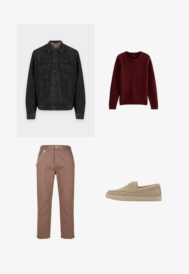 Sort denimjakke med lange ærmer, lukning med knapper foran, to brystlommer med klapper og knapper samt sidelommer.; Bordeaux strikket sweater med rund hals, lange ærmer og ribbet kant. Tekstureret stof med en klassisk pasform og ingen yderligere detaljer.; Brune denimbukser med et lige ben-design, der har frynset kanter og en sølvkæde som accent, der er fastgjort til taljebåndet.; Beige ruskinds afslappet sko med snørelukning foran, mokkasinstikning og flad gummisål, vist i sideprofil på hvid baggrund.
