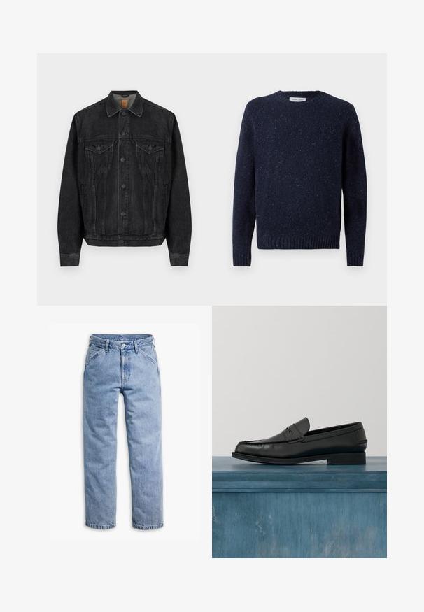 Sort denimjakke med lange ærmer, lukning med knapper foran, to brystlommer med klapper og knapper samt sidelommer.; Mørkeblå strikket sweater med rund hals, tekstureret overflade og ribbede ærmer og kant. Har et subtilt prikmønster over det hele.; Lyseblå straight-leg denimjeans med forreste knap- og lynlås, bæltestropper og skrå forlommer.; Sorte læderloafers med et slankt design, der har syning ved tåen og en glat finish. Skoen har en lav hæl og minimal udsmykning.