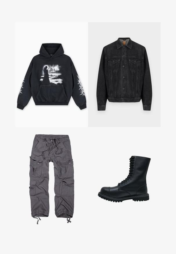 Schwarze Jeansjacke mit langen Ärmeln, durchgehender Knopfleiste, zwei Brustklappentaschen mit Knöpfen und Seitentaschen.; Schwarzer Hoodie mit einem vorderen Grafikdruck einer Figur vor einem wolkigen Hintergrund. Enthält eine Kängurutasche und Sternmuster auf den Ärmeln.; Graue Cargo-Hosen mit mehreren Taschen, verstellbarem Bund, Knopfverschluss, schmal zulaufenden Säumen und einer strukturierten Stoffoberfläche.; Schwarze Leder Schnürstiefel mit runder Zehenkappe, hohem Schaft, dicker Gummisohle und texturierter Oberfläche. Enthält verstärkte Nähte entlang der Nähte.