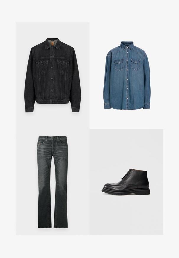 Zwarte spijkerjas met lange mouwen, knoopsluiting aan de voorkant, twee borstflapzakken met knopen en zijzakken.; Blauwe denim overhemd met een knoopsluiting aan de voorkant, een puntige kraag, twee borstzakken met kleppen, en lange mouwen met knoopmanchetten.; Donkergrijze denim jeans met een uitlopende silhoutte, voorzien van een knoopsluiting, vijf zakken en subtiele vervaging aan de voorkant.; Zwarte leren enkellaars met vetersluiting, ronde neus en dikke rubberen zool tegen een effen witte achtergrond.