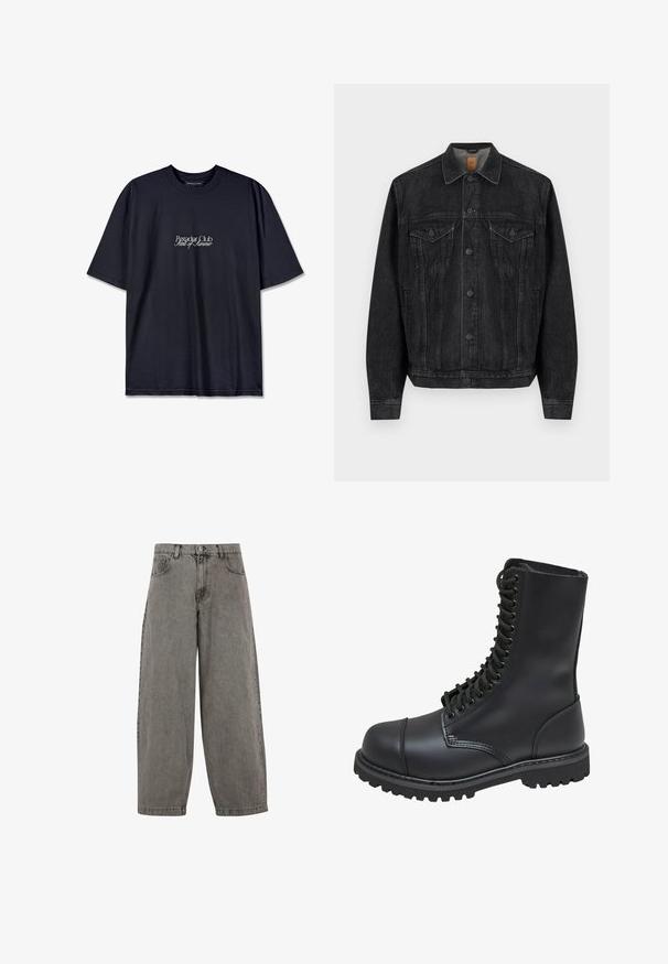 Chaqueta de denim negra con mangas largas, cierre frontal de botón, dos bolsillos en el pecho con solapa y botones, y bolsillos laterales.; Camiseta de algodón negra con cuello redondo, que presenta un logo impreso en blanco "Pescador Club" y "Scent of Summer" en el frente. Mangas cortas.; Pantalones de mezclilla gris de cintura alta, con piernas anchas, diseño clásico de cinco bolsillos y cierre de botón en la parte delantera. Acabado ligeramente texturizado.; Bota de combate de cuero negro con caña alta, parte frontal con cordones, cuello acolchado y suela texturizada resistente para un buen agarre. Presenta una puntera reforzada.
