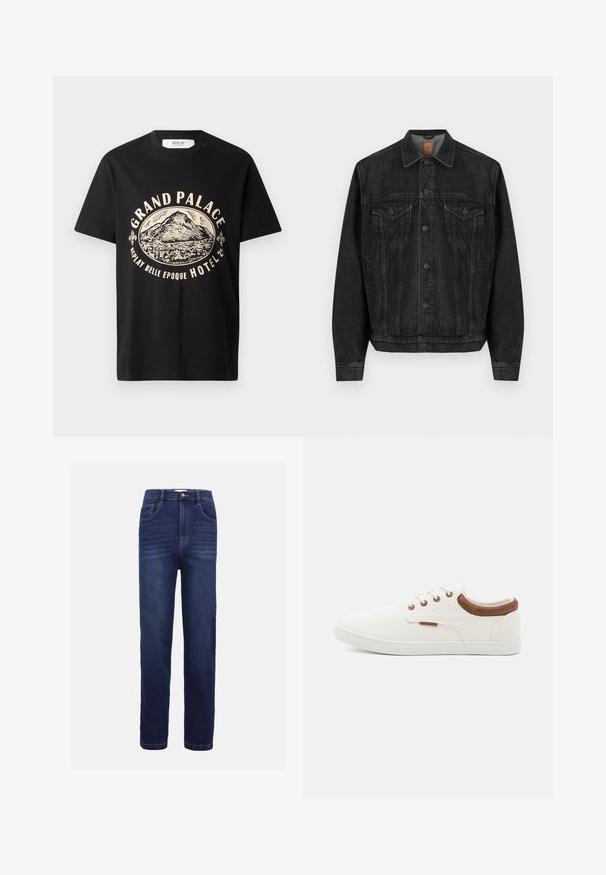 Sort denimjakke med lange ærmer, lukning med knapper foran, to brystlommer med klapper og knapper samt sidelommer.; Sort bomulds T-shirt med en beige grafisk print af et bjerg og teksten "Grand Palace Replay Belle Epoque Hotel." Simpelt crew-neck design.; Mørkeblå denim jeans med lige ben-design, fem lommer, knaplukning og subtile vandrette syninger.; Hvide lærreds sneakers med en glat overflade, brune læderdetaljer ved hælen og fem metaløjer til snørebånd. Har en flad gummisål.