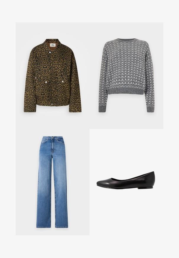 Veste en imprimé léopard marron et noir, avec un col, des boutons-pression et des poches avant, fabriquée en tissu texturé.; Noisy May NMMAELYS O NECK - Pullover - charcoal gray/cloud dancer; Jeans en denim bleu clair à jambes larges, dotés d'une taille haute, de poches avant et d'une fermeture à bouton standard. Texture lisse.; Ballerine noire en cuir verni avec un bout arrondi et une semelle basse et plate. Sa texture est lisse avec un design simple et épuré.
