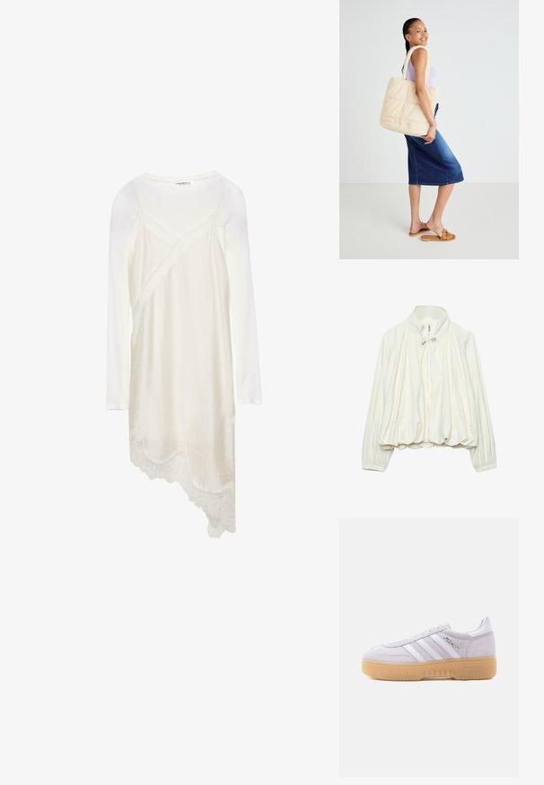 Veste légère blanche avec col montant, fermeture éclair à l'avant, détails à cordon au niveau du cou, poignets élastiques et ourlet froncé.; Haut blanc à manches longues superposé avec une robe nuisette crème asymétrique ornée d'un bord en dentelle à l'ourlet.; Baskets Adidas en daim blanc avec une semelle en gomme, trois bandes blanches et le texte « Spezial » sur le côté, vues de l'intérieur.; Sac en toile beige matelassé avec de larges poignées, design spacieux et texture douce, porté par une personne vêtue d'un haut violet clair et d'une jupe en denim bleue.