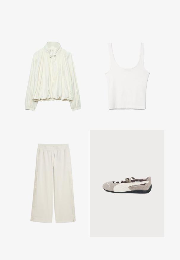 Veste légère blanche avec col montant, fermeture éclair à l'avant, détails à cordon au niveau du cou, poignets élastiques et ourlet froncé.; Débardeur en coton blanc avec un décolleté arrondi, sans manches et ajusté. Texture lisse, design uni et détails de couture minimaux.; Pantalons larges beiges avec une taille élastique, des fermetures à pression sur le côté et un petit logo à l'avant. Fabriqués dans un matériau léger et lisse.; Ballerine plate en daim brun clair avec logo Puma blanc, bande latérale blanche, sangles élastiques et semelle en caoutchouc noire.
