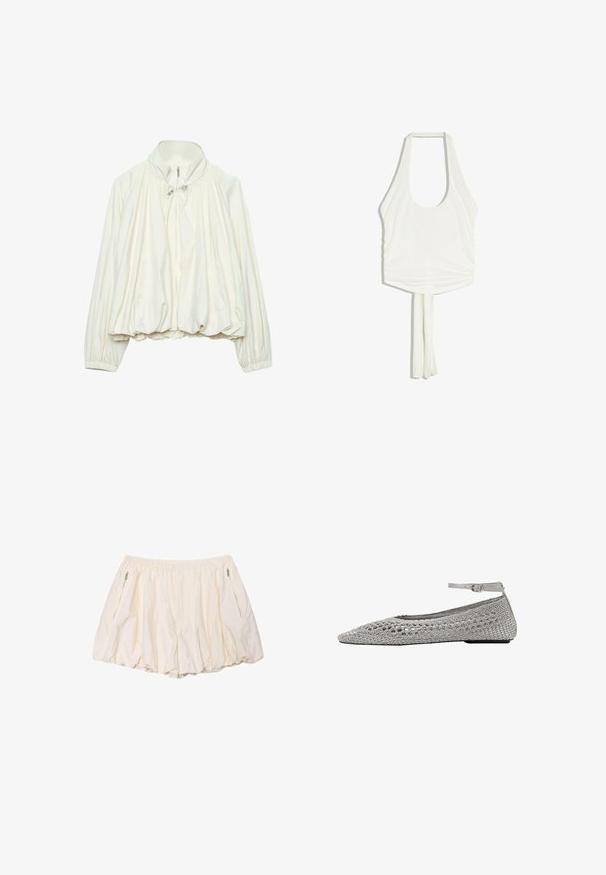Veste légère blanche avec col montant, fermeture éclair à l'avant, détails à cordon au niveau du cou, poignets élastiques et ourlet froncé.; Haut blanc sans manches à col halter, avec un décolleté arrondi et deux longs liens en tissu qui pendent du centre du bas.; Shorts légers couleur crème avec taille élastique et poches zippées des deux côtés, présentés sur fond blanc.; Chaussure plate tissée argentée avec bout pointu et boucle de bride à la cheville sur fond blanc.