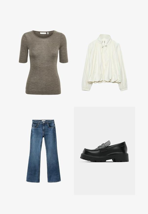 Weiße leichte Jacke mit hohem Kragen, Frontreißverschluss, Kordelzugdetails am Hals, elastischen Bündchen und gerafftem Saum.; Braun kurzärmeliges T-Shirt aus weichem, strukturiertem Material mit Rundhalsausschnitt. Verfügt über ein dezentes Markenlogo nahe dem Saum.; Ausgestellte blaue Jeans aus Denim mit mittlerer Taille, fünf Taschen und einer ausgefranzten Textur. Mit fertigen Säumen und einem klassischen Knopfverschluss.; Schwarze Leder-Loafers mit einer chunky strukturierten Sohle, ausgestattet mit einem Riemen über dem Spann und einer glatten, polierten Oberfläche.