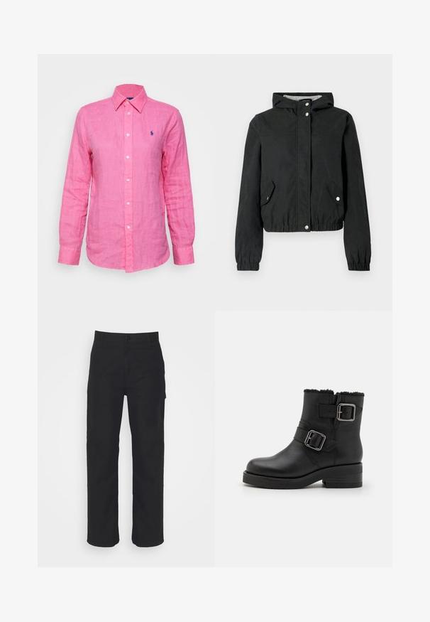 Sort vindjakke med hætte, elastiske manchetter, to sidelommer og trykknapslukning. Glat tekstur, kort design, afslappet stil.; Langærmet, krave skjorte i lys pink linned, med et lille blåt logo på venstre bryst og hvide knapper ned foran.; Sorte bomuldsbukser med lige pasform, knaplukning og bæltestropper. Har et klassisk design uden synlige lommer.; Sorte læder ankelstøvler med to sølv spænder, tekstureret overflade, rund tå og en lav blokhæls. Blød foring ved kravekanten.