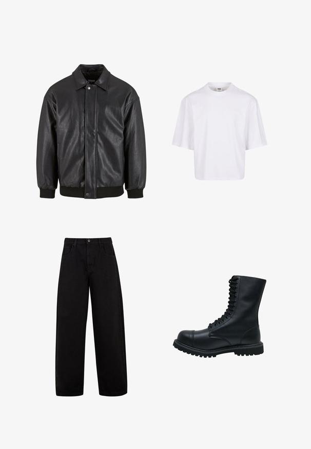 Chaqueta de cuero negra con cuello tipo solapa, cierre de presión en el frente y puños acanalados. Textura suave con un diseño ligeramente holgado.; Camiseta blanca de manga corta con cuello redondo y corte relajado, fabricada en una suave mezcla de algodón. Sin patrones ni adornos.; Jeans anchos negros de mezclilla, con bolsillos delanteros, cierre de botón y un diseño limpio y minimalista sin patrones visibles.; Botín de cuero negro con cordones, punta redonda, caña alta, suela de goma gruesa y superficie texturizada. Presenta costuras reforzadas a lo largo de las uniones.