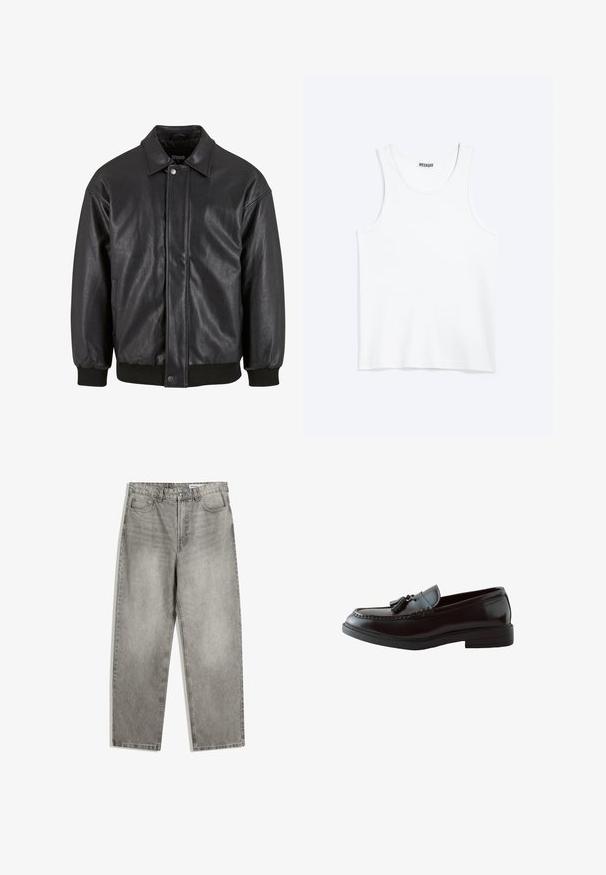 Sort læderjakke med krave, trykknaplukning foran og ribbede manchetter. Glat struktur med et let løst fit design.; Hvid ærmeløs tanktop med rund halsudskæring og Weekday-mærke på den indvendige baghals, vist fladt på lys baggrund.; Grå denimbukser med lige ben, der har forlommer, en knaplukning og en subtil falmet tekstur.; Sort herre loafers i læder med duske, rundet tå og lav lagdelt hæl, vist fra siden på en hvid baggrund.