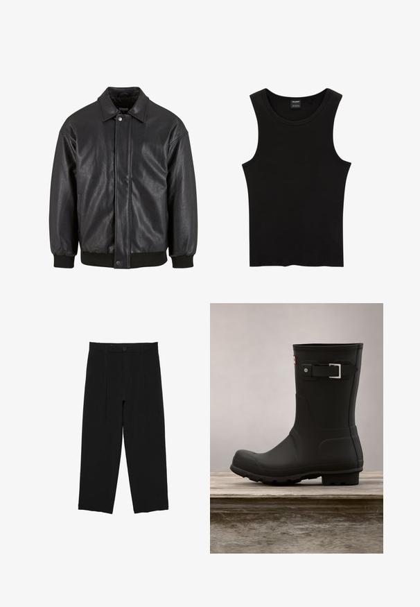 Schwarz Lederjacke mit Kragen, vorderer Druckknopfverschluss und gerippten Bündchen. Glatte Textur mit einem leicht lockeren Schnitt.; Schwarzes, geripptes Tanktop mit rundem Halsausschnitt und weiten Armausschnitten, aus einem weichen, dehnbaren Stoff. Marke: Pull&Bear.; Schwarze, weit geschnittene Hose mit Gürtelschlaufen, vorderer Knopfleiste und plissiertem Design, vor weißem Hintergrund dargestellt.; Schwarze Gummiregenstiefel mit niedrigem Absatz, runder Spitze und einem silbernen Schnallenakzent. Verfügt über eine strukturierte Sohle für besseren Halt.