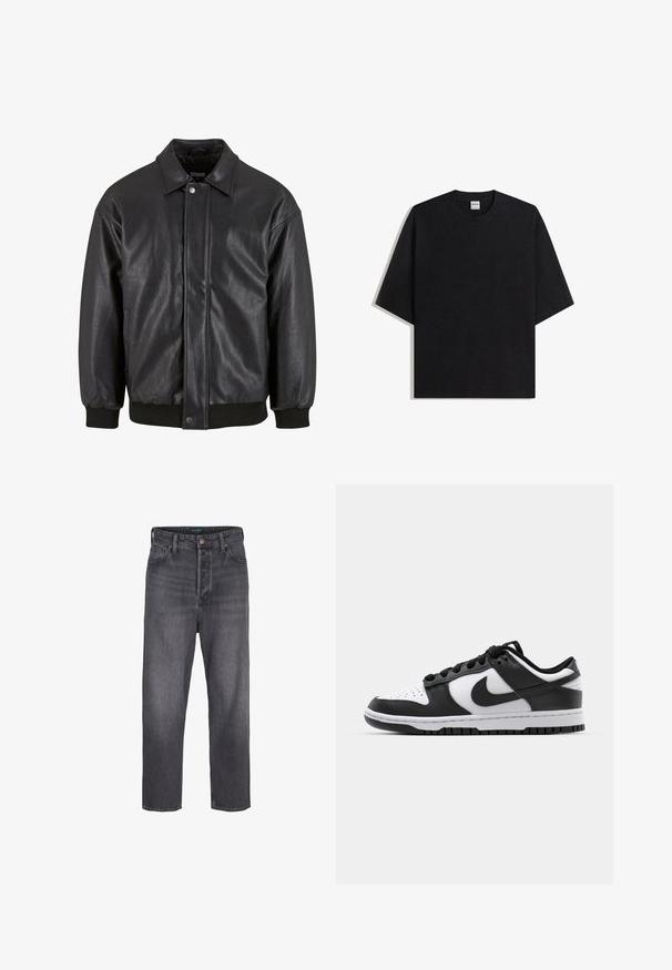 Veste en cuir noir avec col, fermeture à pression sur le devant et poignets côtelés. Texture lisse avec une coupe légèrement décontractée.; T-shirt noir surdimensionné à col rond avec manches courtes, vue à plat sur fond blanc, étiquette Bershka visible à l'intérieur du col.; Jeans en denim gris foncé avec un design à jambe droite, taille haute, style à cinq poches et légères décolorations. Fermeture à bouton en métal et zip.; Baskets Nike Dunk en noir et blanc avec une tige en cuir, un bout perforé, des lacets noirs et une semelle en caoutchouc noir avec un motif de semelle.