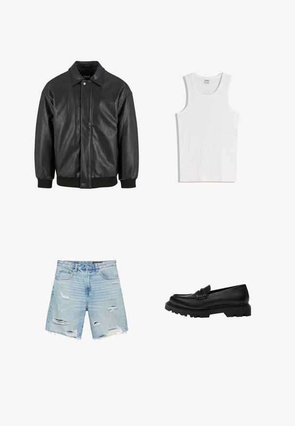Veste en cuir noir avec col, fermeture à pression sur le devant et poignets côtelés. Texture lisse avec une coupe légèrement décontractée.; Débardeur blanc en coton avec un col rond et de larges bretelles. Texture lisse, sans motifs ni accents, design simple.; Short en denim bleu clair avec ourlets effilochés et multiples déchirures et usures intentionnelles sur les panneaux avant.; Mocassin en cuir noir avec une semelle robuste et texturée. Présente un bord décoratif en couture et un petit talon pour un design contemporain.