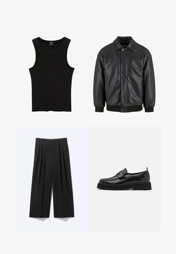 Veste en cuir noir avec col, fermeture à pression sur le devant et poignets côtelés. Texture lisse avec une coupe légèrement décontractée.; Débardeur noir à côtes avec un col rond et de larges emmanchures, fabriqué à partir d'un tissu doux et extensible. Étiquette : Pull&Bear.; Pantalon noir à jambes larges avec plis sur le devant, passants pour ceinture et fermeture à bouton, présenté sur un fond clair uni.; Chaussures en cuir noir de style mocassin avec une semelle plate et texturée, présentant un bout piqué et une sangle traversant le cou-de-pied.