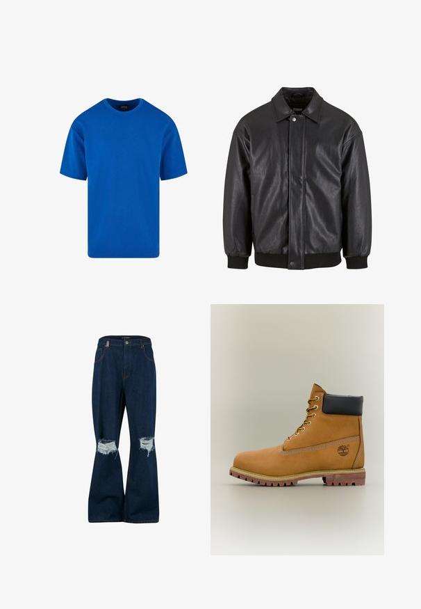 Schwarz Lederjacke mit Kragen, vorderer Druckknopfverschluss und gerippten Bündchen. Glatte Textur mit einem leicht lockeren Schnitt.; Blaues kurzes T-Shirt aus Baumwolle mit klassischem Rundhalsausschnitt und lässiger Passform. Glatte Textur ohne sichtbare Muster oder Akzente.; 2Y Studios ANDUIN RIPPED BAGGY - Baggy Jeans - raw; Brauner Leder-Stiefelette mit schwarzem Kragen, gelben Schnürsenkeln und hellbrauner Sohle. Verfügt über ein Logo und weiße Ziernähe. Robuste Profilsohle.