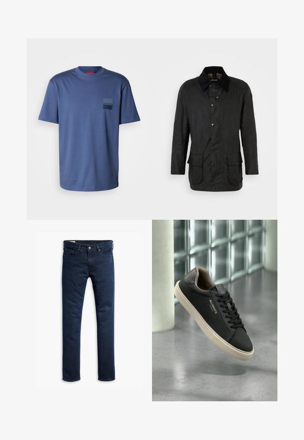 Zwarte gewaxte katoenen jas met een corduroy kraag, drukknoopsluiting en twee voorzakken. Heeft een klassieke snit en textuurfinish.; Blauw T-shirt met korte mouwen, gemaakt van zachte katoen, met een vierkante zak en een donkerblauw logo. Klassiek ontwerp met ronde hals.; Donkerblauwe denim jeans met een rechte pasvorm, vijf zakken, knoopsluiting en riemlussen; gladde textuur en egale kleur.; Zwarte lage sneaker met beige zool en veters, "ALLSAINTS LONDON" logo aan de zijkant, zwevend boven een gepolierde betonnen vloer met een glazenblokkenmuur op de achtergrond.