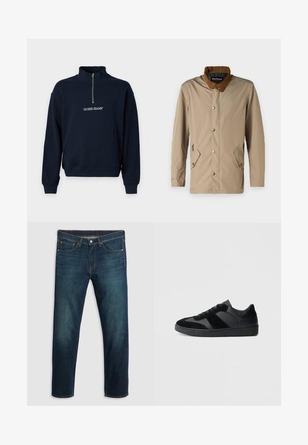 Veste imperméable beige avec un col en velours côtelé marron, des boutons-pression dorés, deux poches avant angulaires et une texture lisse et mate.; Pull-over en polaire bleu marine avec zip demi-hauteur et col haut, doté d'une poche kangourou à l'avant et du logo "GUESS JEANS" brodé en blanc.; Jean en denim bleu foncé avec une coupe droite, cinq poches, coutures en cuivre et un logo sur la ceinture arrière. Texture lisse et coupe classique.; Baskets noires combinant cuir lisse et daim, avec une semelle en caoutchouc noire texturée et un détail de rayures discrètes.