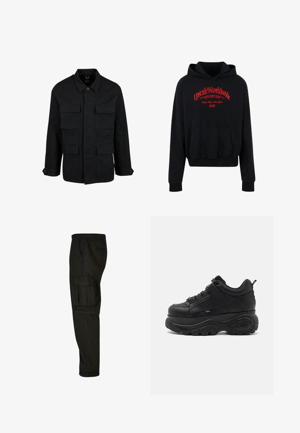 Sort bomuldsjakke med krave, knaplukning og fire forlommer. Lange ærmer med knapmanchetter, der har et enkelt og elegant design.; Sort hoodie lavet af bomuldsblanding, med en frontlomme, ribbede manchetter og et rødt grafisk tekstdesign på brystet.; Sorte cargo bukser med afslappet pasform, elastisk talje, sidelommer og en stor cargo lomme på låret. Blødt, letvægtsstof.; Svarte lædersneakers med chunky såler, tykk gummisål, slankt design og teksturerede detaljer. Har snørebånd og en pull tab ved hælen.