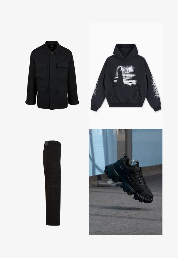 Schwarze Baumwolljacke mit Kragen, Knopfverschluss und vier Fronttaschen. Lange Ärmel mit Knopfmanschetten, einfaches, elegantes Design.; Schwarzer Hoodie mit einem vorderen Grafikdruck einer Figur vor einem wolkigen Hintergrund. Enthält eine Kängurutasche und Sternmuster auf den Ärmeln.; Schwarze Cargohose mit mehreren großen Überschlagtaschen, Gürtelschlaufen und geradem Beinanschnitt, seitlich dargestellt.; Schwarzer klobiger Sneaker mit dicker Profilsohle, der über einem grauen Gehweg schwebt, vor einem verschwommenen hellblau-grauen Hintergrund.