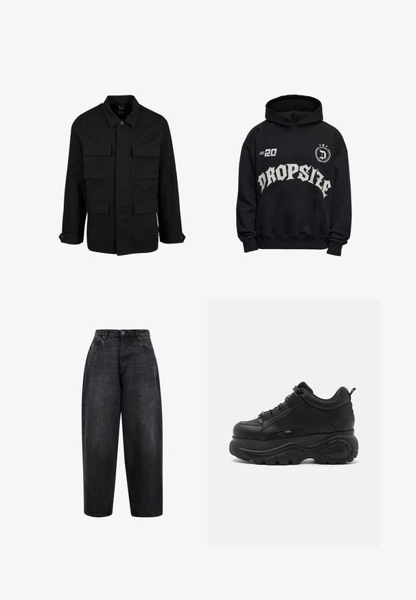 Veste en coton noir avec col, fermeture à boutons et quatre poches avant. Manches longues avec poignets à boutons, présentant un design simple et épuré.; Sweat à capuche noir avec poche avant, texte blanc "DROPSIZE" en police gothique, un "20" sur le côté gauche de la poitrine et un emblème circulaire avec un "D" et des étoiles.; Jean en denim noir à taille haute, avec une fermeture à bouton, des poches avant et une texture légèrement délavée pour un look décontracté.; Baskets chunky en cuir noir avec une semelle en caoutchouc épaisse, au design épuré et aux accents texturés. Comprend des lacets et une languette au talon.