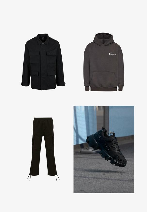 Veste en coton noir avec col, fermeture à boutons et quatre poches avant. Manches longues avec poignets à boutons, présentant un design simple et épuré.; Dropsize DROPSIZE HERREN DROPSIZE HEAVY CLOUD DOVE HOODIE - Sweat à capuche - washed black; Pantalon cargo noir avec une taille élastique, des poches latérales et des cordons au bas ; fabriqué à partir d'un tissu léger avec une texture lisse.; Baskets noires épaisses avec semelle à crampons épais flottant au-dessus d'un trottoir gris, sur un fond bleu clair et gris flou.