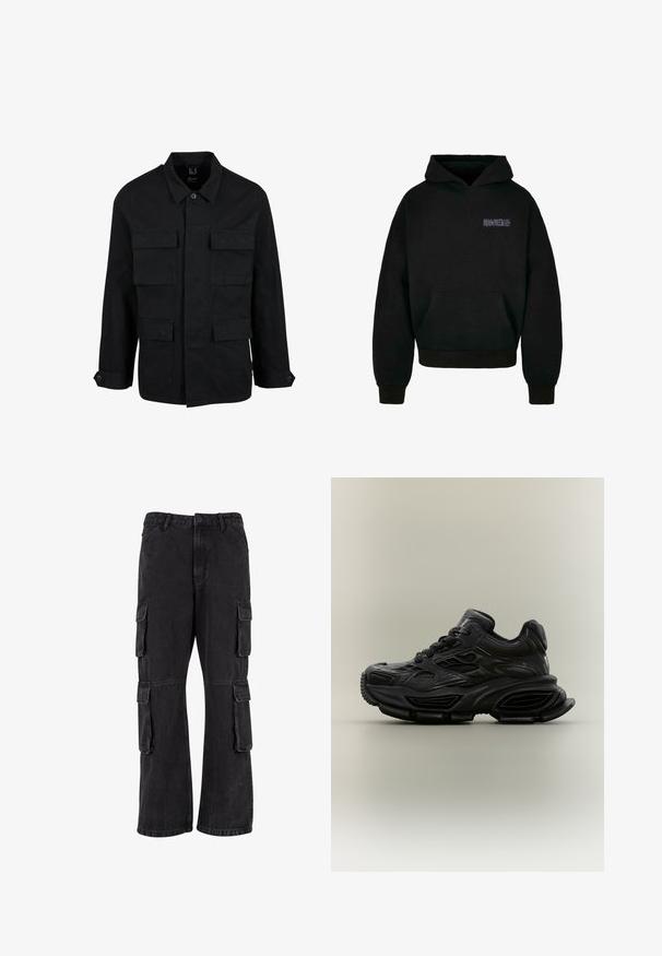 Zwarte katoenen jas met een kraag, knoopsluiting en vier voorzakken. Lange mouwen met knoopmanchetten, met een eenvoudig en strak ontwerp.; MJ Gonzales HEAVY - FEARLESS FLIGHT - Hoodie - black; Zwarte cargobroek van denim, met een losse pasvorm, meerdere zijzakken en gestikte details. De textuur is iets vervaagd.; Zwarte chunky sneaker met textuurontwerp, dikke zool en vetersluiting, weergegeven tegen een eenvoudige neutrale achtergrond.