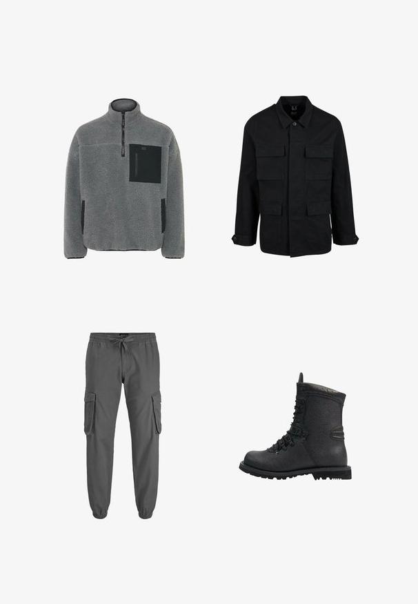 Veste en coton noir avec col, fermeture à boutons et quatre poches avant. Manches longues avec poignets à boutons, présentant un design simple et épuré.; Pull en polaire gris clair avec un tissu texturé, fermeture zip quart, et accents de poche noirs sur la poitrine et les côtés.; Pantalons cargo gris avec une taille élastique, cordon de serrage réglable et bas resserrés. Comprend deux poches cargo latérales et une texture lisse.; Botte de randonnée en cuir noir avec finition texturée, col rembourré et épaisse semelle en caoutchouc. Équipée d'œillets en métal et de accents noirs contrastants.