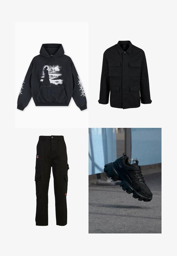 Chaqueta de algodón negra con cuello, cierre de botones y cuatro bolsillos frontales. Mangas largas con puños de botón, con un diseño simple y elegante.; Sudadera con capucha negra con un estampado gráfico frontal de una figura sobre un fondo nublado. Incluye un bolsillo tipo canguro y patrones de estrellas en las mangas.; Pantalones cargo negros de algodón, con múltiples bolsillos laterales, un ajuste relajado y un dobladillo deshilachado. Destalle del logo rojo en el bolsillo frontal.; Zapatilla negra y gruesa con suela de taco grueso flotando sobre un pavimento gris, con un fondo desenfocado azul claro y gris.