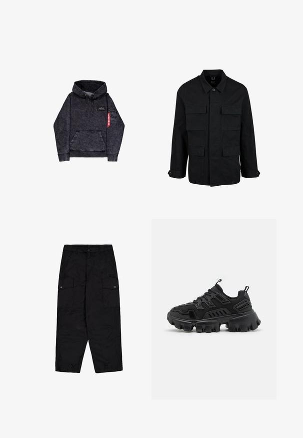 Sort bomuldsjakke med krave, knaplukning og fire forlommer. Lange ærmer med knapmanchetter, der har et enkelt og elegant design.; Sort melange hoodie med kængurulomme, justerbar snor i hætten, logo-patch på brystet og sidelomme med rødt mærke.; Sorte cargo bukser med frontknap og lynlås, sidelommer med klap og knapper samt justerbare snore i benåbningerne.; Sort sportsko med tekstureret gummisål, lagdelte designelementer og forstærkede detaljer. Har snørebånd og en trækflig ved hælen.