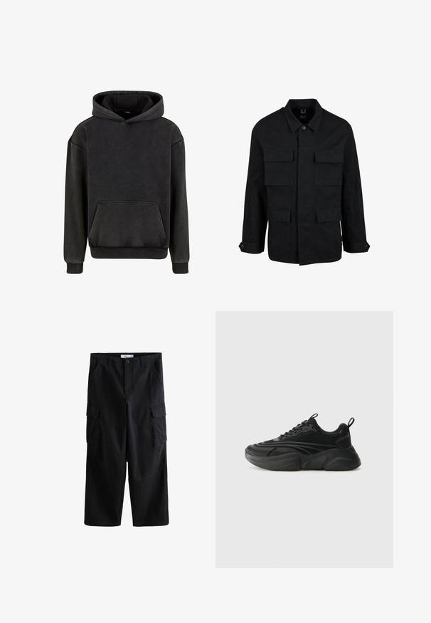 Veste en coton noir avec col, fermeture à boutons et quatre poches avant. Manches longues avec poignets à boutons, présentant un design simple et épuré.; Urban Classics Sweat à capuche - magnet; Short cargo noir longueur genou avec poches à rabat latérales, passants de ceinture et fermeture par bouton à la taille.; Des chaussures de sport noires avec une semelle arrondie, une tige texturée et un col rembourré. Elles disposent de lacets, d'une languette et d'éléments de design superposés.