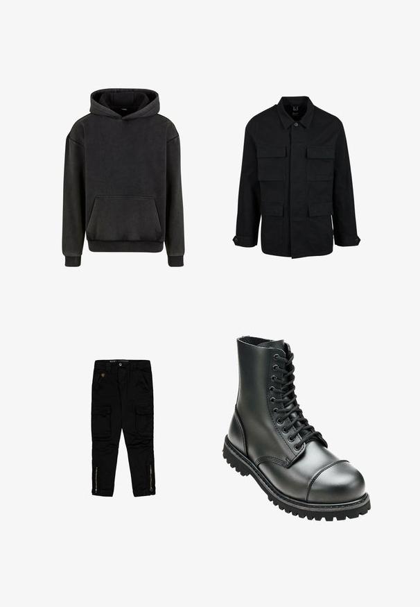 Schwarze Baumwolljacke mit Kragen, Knopfverschluss und vier Fronttaschen. Lange Ärmel mit Knopfmanschetten, einfaches, elegantes Design.; Urban Classics Kapuzenpullover - magnet; Schwarze Cargo-Hosen aus Baumwolle mit Seitentaschen, Reißverschluss-Akzenten an den Knöcheln und einer regulären Passform.; Schwarze Lederkampfstiefel mit hohem Knöchel, runder Zehenpartie, Schnürung vorne und robustem Gummisohle mit tiefem Profil für besseren Grip.